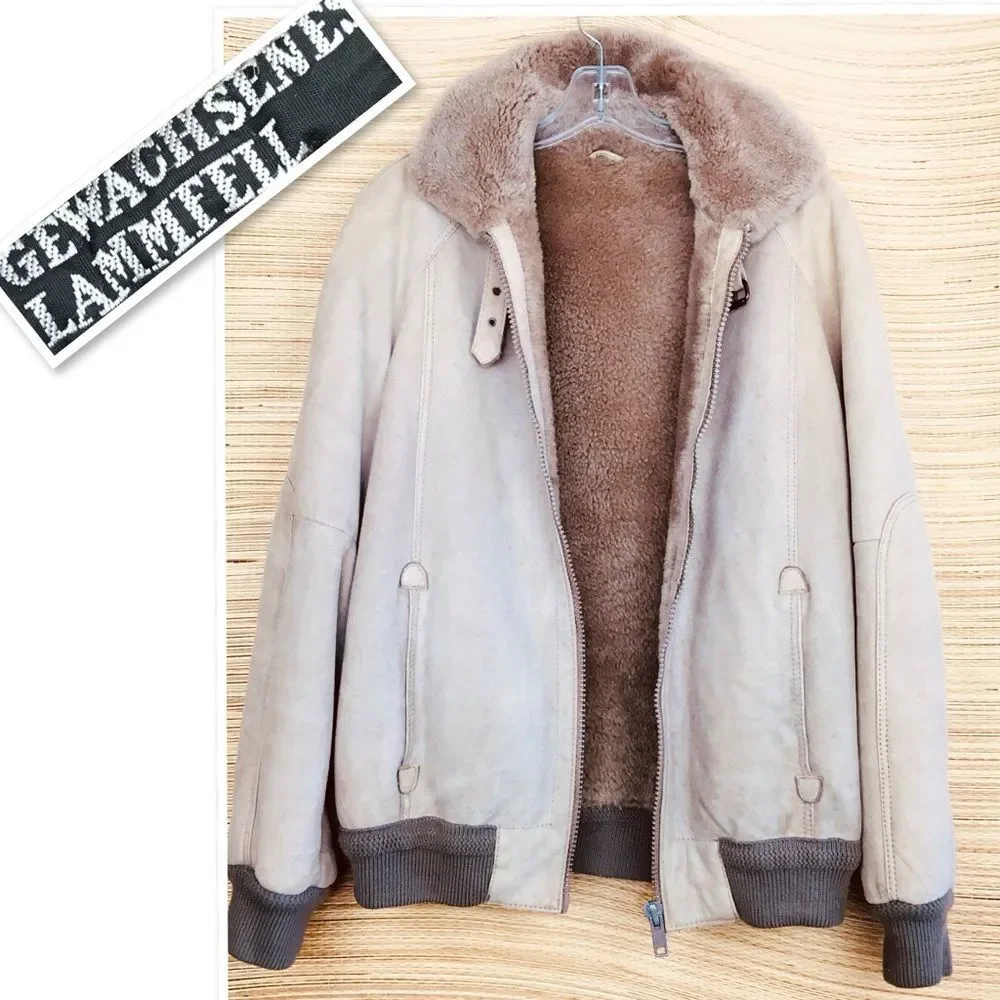 100% Gewachsenes Lammfell Suede Shearling Aviator Bomber Jacket Taupe Sz 50-US M